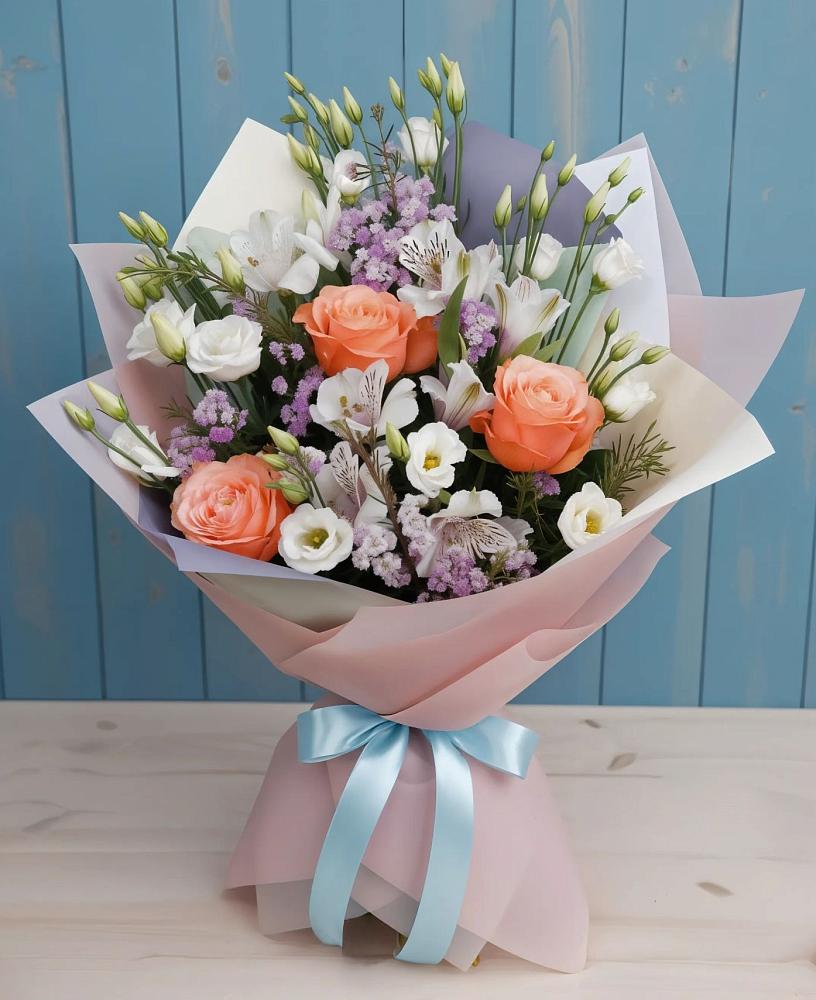 Букет цветов из: Лизиантусы, Розы, Альстромерии и Гипсофила в Архангельской