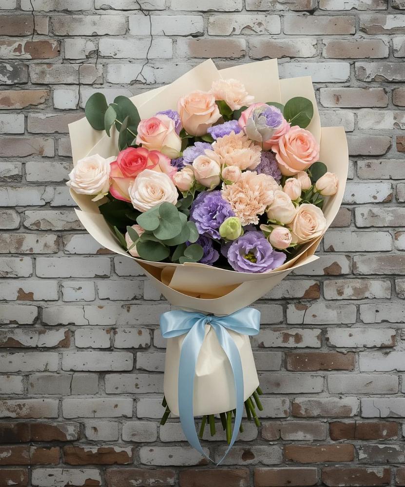 Букет цветов из: Розы, Лизиантусы и Гвоздики в Архангельской